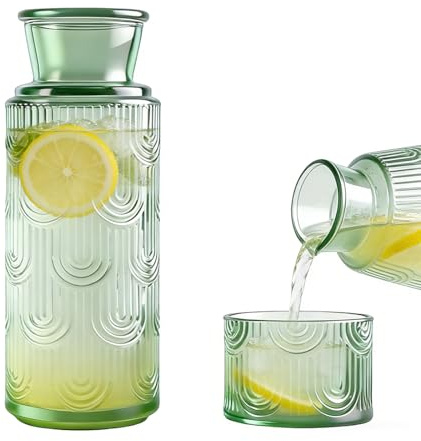 Tutamaz Nattduksbord, vattenkaraffset, vattenkaraff, 820 ml, gjord av glas med kopp, nattduksbord, set för droppfritt, gästrum, badrum, utomhus, mat och picknick, grön