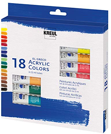 KREUL 28251 - El Greco Acrylfarben, 18 x 12 ml, glänzende, hochpigmentierte Acrylfarbe in Studienqualität, buttrig vermalbar, für pastose Malerei