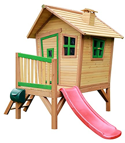 AXI Spielhaus Robin mit roter Rutsche | Stelzenhaus in Braun & Grün aus FSC Holz für Kinder | Spielturm für den Garten