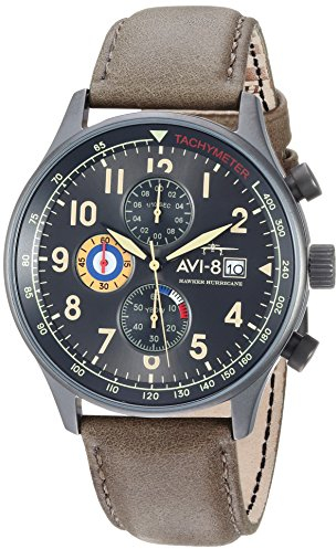 AVI-8 Men's AV-4011 Hawker Hurricane Analog Display Japanese Quartz Watch with Leather Band, Gun Metal/Army Green, 42 mm, Chronograph,Quartz Movement