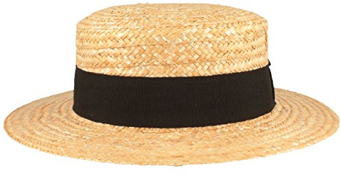 Breiter Chapeau Canotier de Paille Gondolier d'été Soleil Chapeau de Scie Circulaire Boater 100% Paille avec Ruban Gros Grain Noir, Bord de 6 cm - Beige - M 56-57