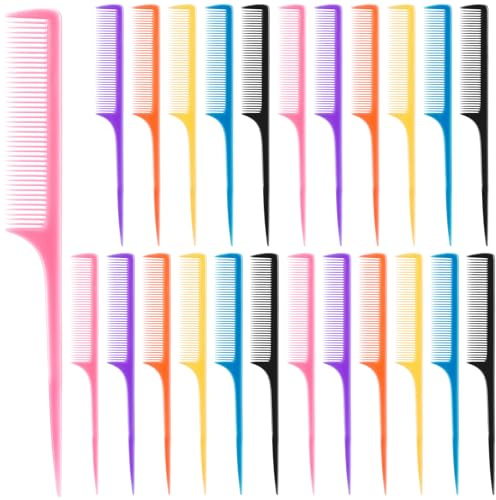 Yaomiao 24 Pcs Rat Tail Combs Bulk Braiding Comb for Woman Parting Combs Hair Colored Teasing Pin Tailcombs Styling Tailcombs with Thin and Long Handle Men Hair Stylist Salon Supplies, 6 Colors