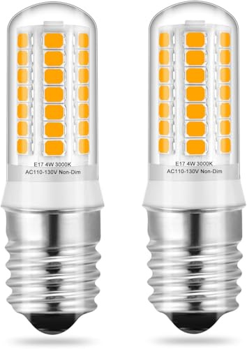 2 bombillas LED E17, para bajo el microondas, luces de estufa, iluminación del hogar, luz blanca cálida 3000 K, 4 W 40 W halógena / bombillas incandescentes de repuesto, AC110-130 V no regulable