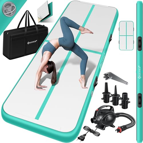 KESSER® Turnmatte Aufblasbar Airtrack Fitness-Matte Gymnastikmatte | inkl. Tragetasche & elektr. Luftpumpe | Yogamatte, Tumbling Matten, Trainingsmatte (Mint Grün, 500 x 100 x 10 cm)