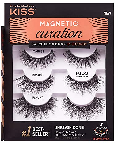 KISS Magnetic Curation False Eyelashes, 3 Pair with 5 Double Strength Magnets, Wind Resistant, Dermatologist Tested, Last Up To 16 Hours, Reusable Up To 15 Times in 3 Styles, Black, 3 Count