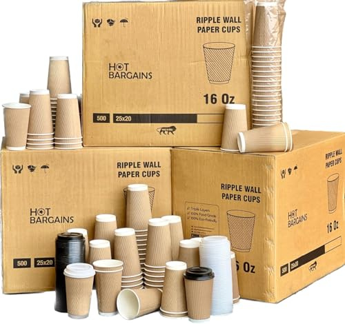 HOT BARGAINS - Kraft Triple Walled Disposable Paper Ripple Cups - 200 X 16oz / 460ml, Hot Drink Cups + Lids