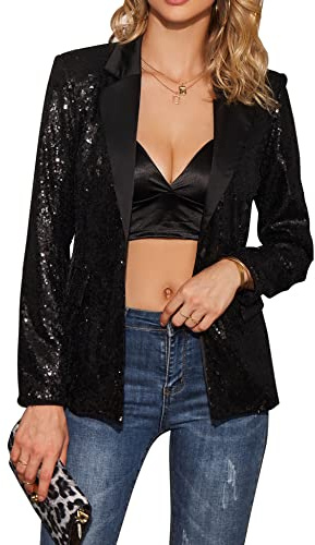 EXTRO&VERT Women Sequin Open Front Blazer Long Sleeve Single Button Slim Fitted Casual Outerwear Jacket