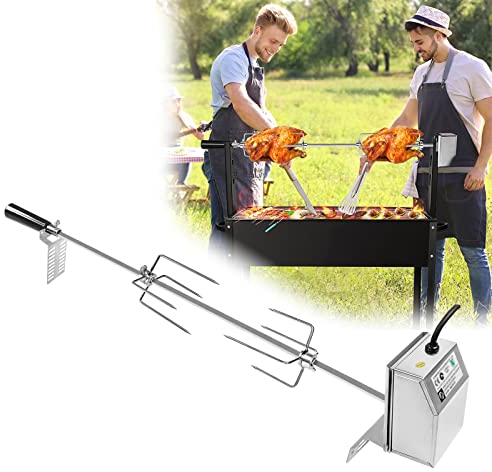 LARS360 Lot de 2 brochettes de Barbecue en Acier Inoxydable 107 cm avec 2 Aiguilles à Viande, Manche et Moteur en Acier Inoxydable 220 V-240 V, pour tournebroche pour Barbecue à gaz, rôtisserie