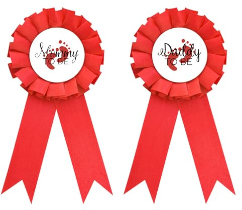 Daddy to be & Mom to be Tinplate Badge Pin - Baby Shower Button New Dad Gifts Gender Reveals Party Baby Boy or Glir RED Rosette Button Baby Celebration (RED)