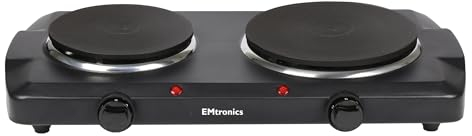 EMtronics 2500W Portable Hob with Double Hotplates and Thermostat Control, Mini Hot Plate Hob Stove, Adjustable Temperature, 155mm and 185mm Dual System - Black