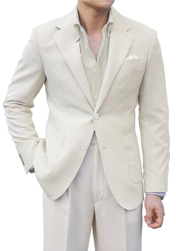 Leisure Men Seersucker Sports Coat Light Summer Jacket Mens Seersucker Blazer Mens Beach Outfit Beige