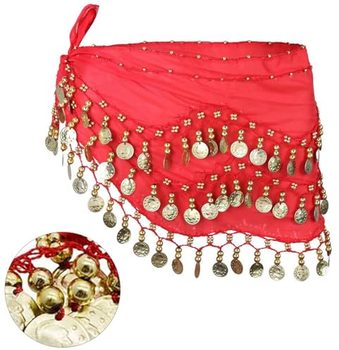 Butyeak Cinturón para Danza India y del Vientre, Pañuelo con Monedas, para Escenario, Actuaciones de Fiesta, Rojo