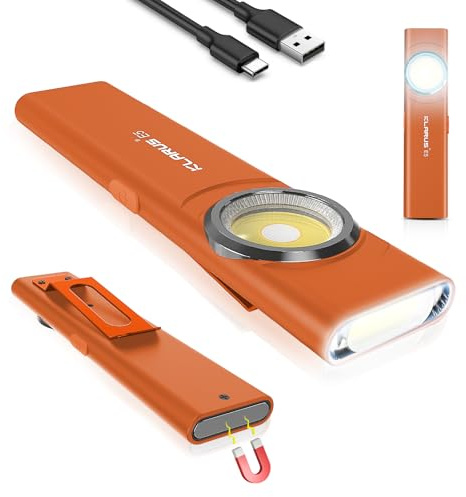 klarus Torcia elettrica ricaricabile E5, piccola, 600 lumen, mini torcia piatta con base magnetica e clip a fibbia, adatta per manutenzione, campeggio, escursioni, emergenze, ecc. colore arancione