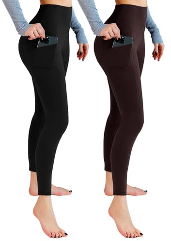 Leafigure 2er Pack Sport Leggings Damen High Waist Sporthose Damen Mit Taschen Gym Leggings Blickdicht für Sport Yoga Schwarze/Braun SM