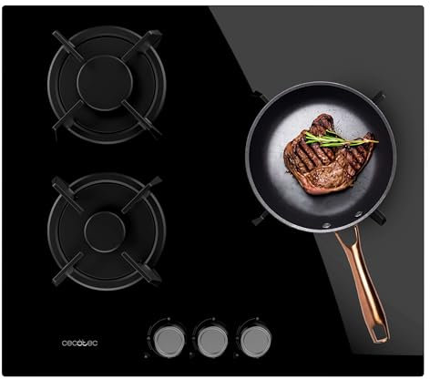 Cecotec Placa de Gas Butano y Natural 3 Fuegos Bolero Squad G 3200S Glass Black. 6250W, Cristal Negro, Parrillas Individuales Hierro Fundido, WOK Triple Corona, Encendido Eléctrico, Sistema Seguridad