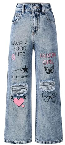 FEOYA Jeans Ragazza Strappati Palazzo Bambina Pantaloni a Tubo Vintage Baggy 130/7-8 Anni