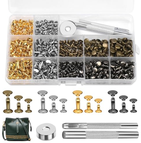 Reovin 180 Set Leder Nieten Set, Doppelkappennieten, 3 Größen Metallnieten Für Leder Mit 3 Werkzeugen, Hohlnieten Für Lederhandwerk, Heimwerkerarbeiten, Reparaturen, Dekoration, 4 Farben