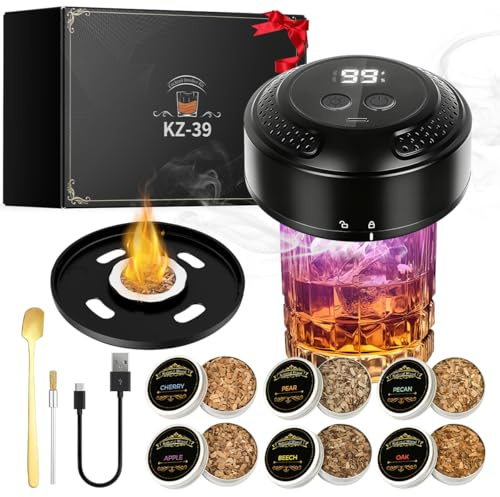 Joyzan Whisky Smoker Kit - Electric Ambient Lighting Cocktail Smoking Kit 6 Flavors Wood Chips Drink Smoker Old Fashioned Bourbon Infuser Set Cocktails Gifts for Men Dad Husband Christmas Birthday