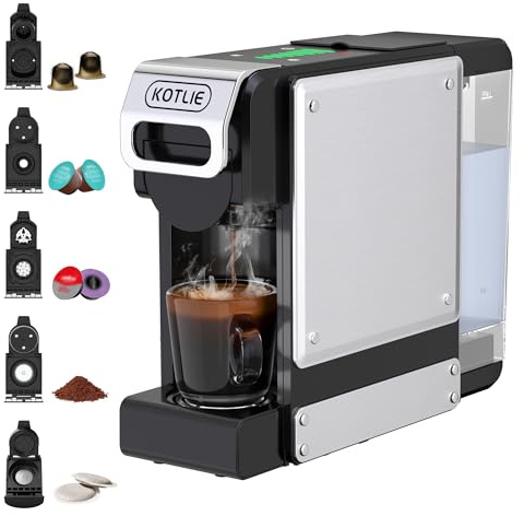 Macchina da caffè a capsule, Macchina da Caffè Multifunzione 5 in 1, per Nespresso Original/per Dolce Gusto/per A MODO MIO/ESE(44 mm) e caffè macinato, con sette impostazioni di volume dell'acqua