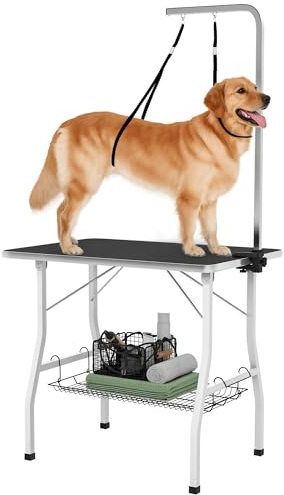 PawHut Table de toilettage pour Chien Pliante 90x60x76cm, Stable - Plateau antidérapant Caoutchouc, 2 Sangles - Potence réglable INOX et Panier - Station d'entretien pour Petits/Moyens Chiens, Noir