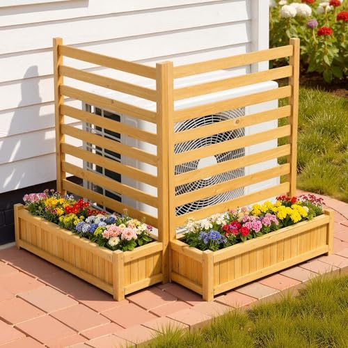 VEVOR Wooden Privacy Fence, 36 x 45 inch Air Conditioner Fence, 2 Slatted Panel Solid Outdoor Wood Privacy Screen with 2 Planters, Metal Stakes, Trash Can Hider Fences Suitable for Garden, Pool