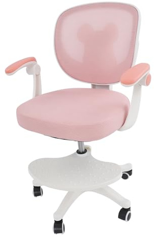 QIERF Skrivstol barn från 6 år, snurrstol barn skrivbord, sitthöjd 36–46 cm, kontorsstol med ryggstöd och armstöd och hjul, med 90° justerbara armstöd, platsbesparande (rosa)