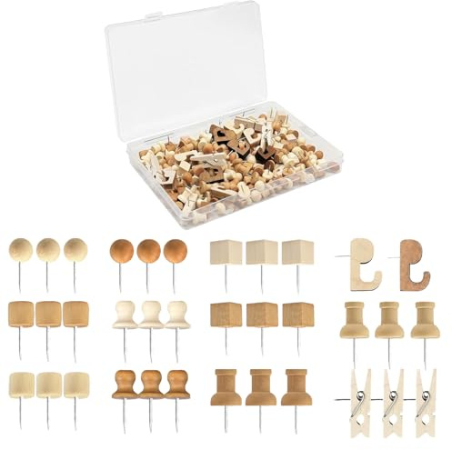 Kaizuca 200 PCS Wooden Push Pins, 7 Types of Notice Board Pins with Storage Box, Drawing Pins for Cork Boards, Bulletin Boards, Maps, Photos, Office, School and Crafts