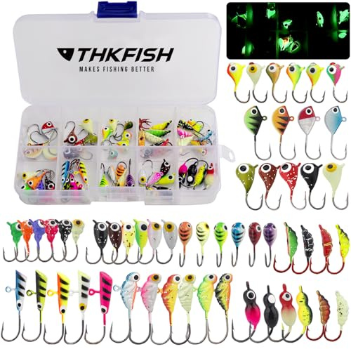 THKFISH Ice Fishing Jigs 54pcs Glow Ice Fishing Lures, Walleye Jig Ice Fishing Jigs Kit Ice Fishing Gear for Crappie Bass Walleye Saltwater Freshwater Fishing Gear