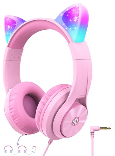 iClever Auriculares para Niños HS20, Oreja de Gato con Luz LED, Shareport, 85dBA Volumen Limitado, Auriculares con Cable Plegables para Colocar sobre Las Orejas para Regalos de Niños