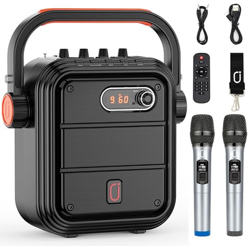 JYX Karaoke Machine with 2 UHF Wireless Microphones, Portable Bluetooth Speaker with Shoulder Strap, Power Amplifier PA Subwoofer Support TWS, FM, AUX In, Bass&Treble for Party/Meeting