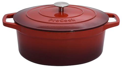 ProCook Red Cast Iron Oval Casserole Dish with Self Basting Lid Enamel Coated Induction Compatible Modern Classic Cookware - 30cm / 6.2L