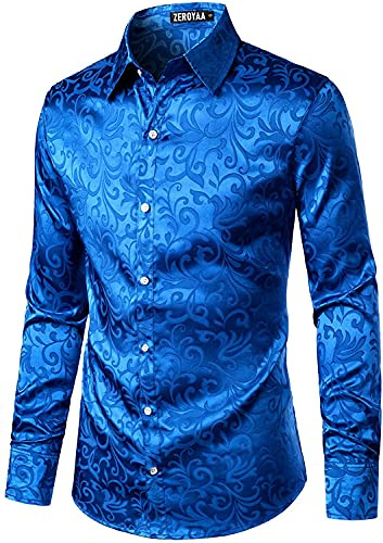 PARKLEES Chemise de luxe à manches longues en jacquard pour homme, coupe ajustée, en satin, imprimé floral, chemises pour mariage, bal de fin d'année