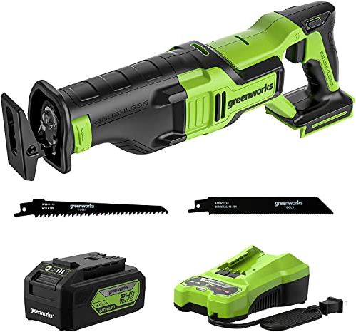 Scie Sabre à moteur sans fil, Scie Alternative Greenworks 24V avec batteries 4Ah et chargeur, 2700 tr/min, lames de scie 14 TPI et 6 TPI, pour couper le bois, le métal, les tuyaux en PVC