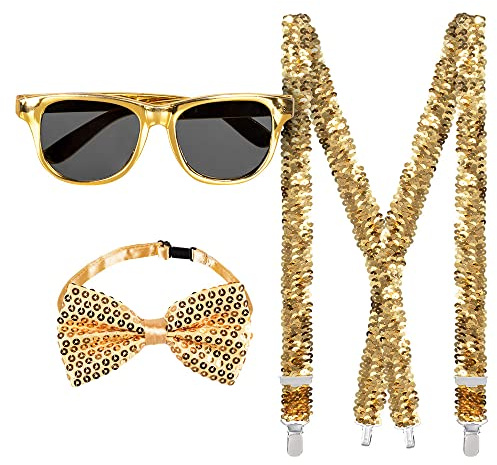 Boland - Set di accessori per feste, set da 3 pezzi, occhiali, fiocco e bretelle, paillettes brillanti, accessori per costumi, carnevale, capodanno, festa a tema