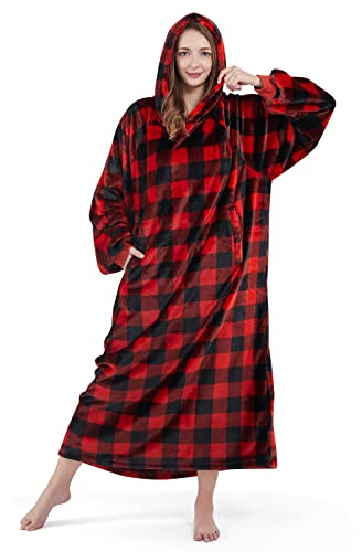 Lifewit Tragbare Hoodie Decke, Warmer und kuscheliger Hoodie mit Ärmeln und Taschen, Flanell-Decken-Sweatshirt für Damen, Männer, Groß, Rot Kariert