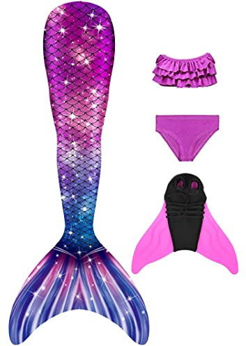 NAITOKE meerjungfrauenflosse mädchen Badeanzug - Meerjungfrau Flosse Bademode mit Bikini Set und Monoflosse Mermaid Tail, 4 Stück Set