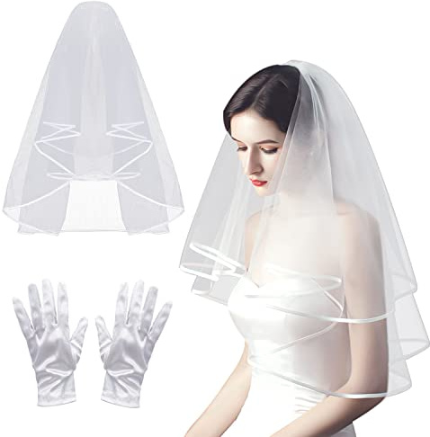 PFLYPF Un velo bianco da 80 cm + un paio di guanti corti in raso bianco, a tema matrimonio, per feste di matrimonio, velo da sposa in tulle e pettine con bordo in raso, bianco, Taglia unica