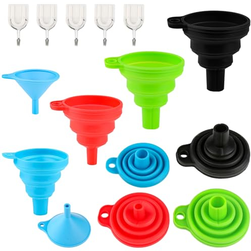 Silikon zusammenklappbar Trichter, 5 Stück faltbare Küche Trichter Garage Labor Gel Hopper Gadget Tool mit 5 x Haken für das Füllen von Flaschen Behälter Flüssigkeit Pulver Transfer klein/mittel/groß