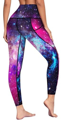 Muishi Galaxy High Waist Yoga Pants with Pockets Tummy Control Workout Running 4 Way Stretch Yoga Leggings for Girls Women L