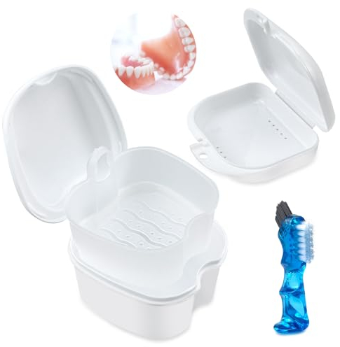 Juego de Caja de Prótesis Dentales Caja de Almacenamiento de Dientes Protésicos de Retenedor de Ortodoncia Juego de Limpieza de Prótesis Contenedor de Soporte de Prótesis para Viajes(2 Cajas, Cepillo)