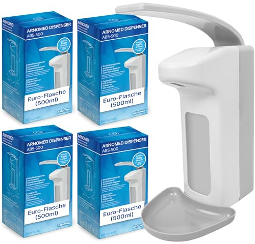 4X ARNOMED Kunststoff-Desinfektionsspender, Desinfektionsmittel-Spender für 500ml, Eurospender, Seifenspender Weiss zur Wand-Befestigung, Desinfektionsspender Wand, Seifenspender stehend ohne Bohren