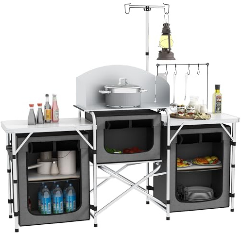 Outsunny Meuble de Cuisine pour Le Camping avec Rangement, Table d'extérieur Pliante Station de Cuisson en Aluminium avec 3 placards en Tissu, Pare-Brise, Support d'éclairage, Sac de Transport Gris