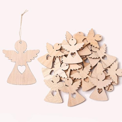 HERZONE 50pcs Holz Engel Anhänger Weihnachten Schutzengel Glücksbringer Weihnachtsdekoration (braun Engel mit Herz)