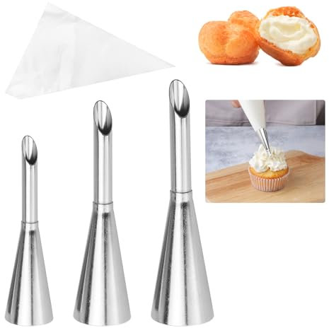 APOMOONS 3pcs Cream Icing Piping Nozzles Tips with 10 Piping Bags Long Puff Nozzles Icing Tip Cream Filling Tubes for Filling Donuts Cupcakes Doughnut Eclair Pastries Cookies Cakes