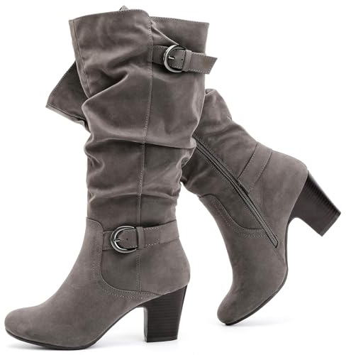 Ruiee Knee High Boots for Women Slouchy Chunky Heel Long Boots Pointed Toe Comfort and Fashion Fall Winter Woman Boot.230301 Grey ZPU UKsize8