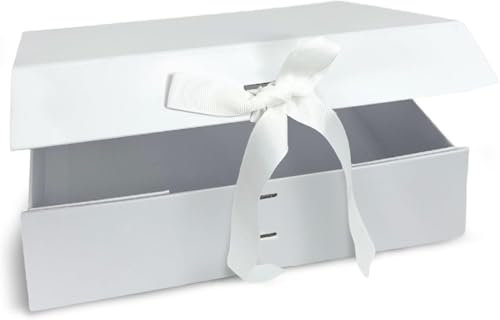 Kapulina Geschenkbox Magnetbox weiß - mit Füllmaterial, Anleitungskarte für Effekt und Spiegel 23 x 17 x 7 cm Box mit Schleife für Geburtstag, Hochzeit, Babyparty - wiederverwendbar