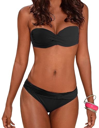 xxxiticat Set Bikini da Donna Sexy Senza Spalline, Costume da Bagno Bandeau con Fascia Intrecciata, Imbottito, Gradiente Colorato, a Due Pezzi, nero, XL