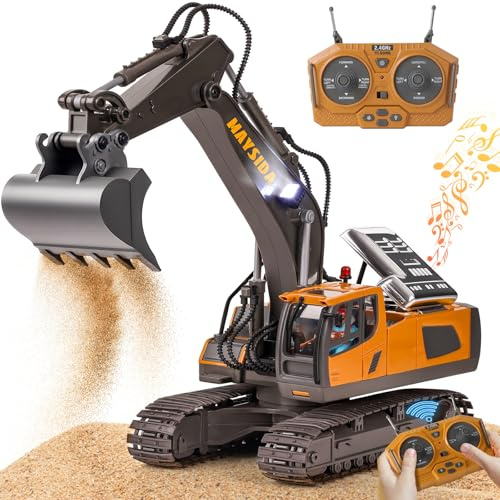 maysida Remote Control Digger Toy for 3-7 year olds, Kids RC Excavator with Lights&Sound,2.4GHz Rechargeable Toy Digger with Metal Shovel&680° Rotation, Kids Construction Toys/Gift for Boys 3-12 Years