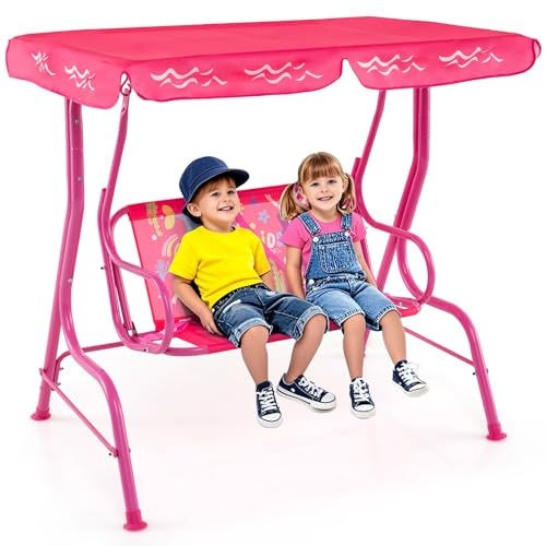 GOPLUS Hollywoodschaukel Kinder Outdoor, 2-Sitzer Terrassenschaukel mit verstellbarem Baldachin & Sicherheitsgurten, Kinderschaukel für Kinder ab 3 Jahren, ideal für Hinterhof, & Rasen (Rosa)