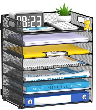 ReePlan 7 Tier Mesh Desk Organiser with Handles, Black | Desktop file holder with seven paper trays for organising documents, letters and folders at home, school or office